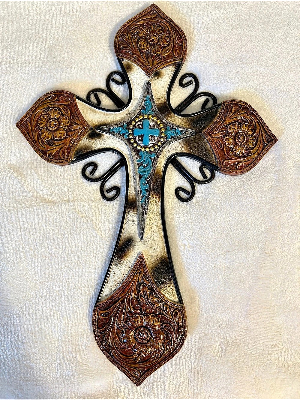 Ornate Cross Wall Decor in Brown, Turquoise, and Gold/Silver